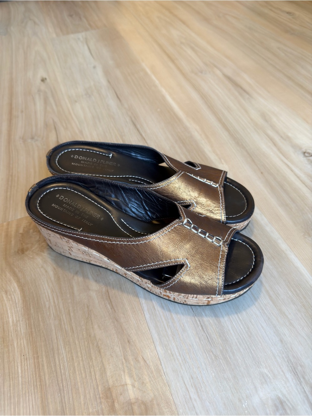 Donald J. Pliner Metallic Bronze Cork Wedge Mules